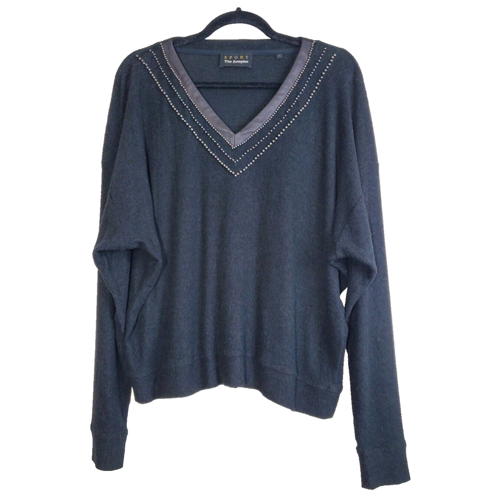 The‎ Kooples 2 Womens Medium Sweater Black V-Neck Genuine Leather Trim Soft Knit
